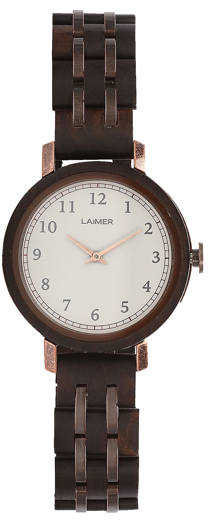 Reloj de pulsera redondo para mujer con correa de madera marrón oscuro y esfera blanca