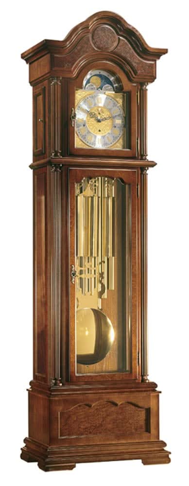 Reloj de pie de madera con esfera de cristal y mecanismo de péndulo, caja curvada