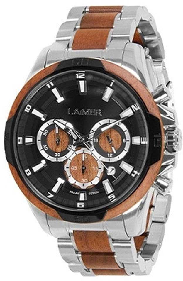 Reloj cronógrafo para hombre con esfera negra, anillo de madera marrón y brazalete de eslabones de acero inoxidable.