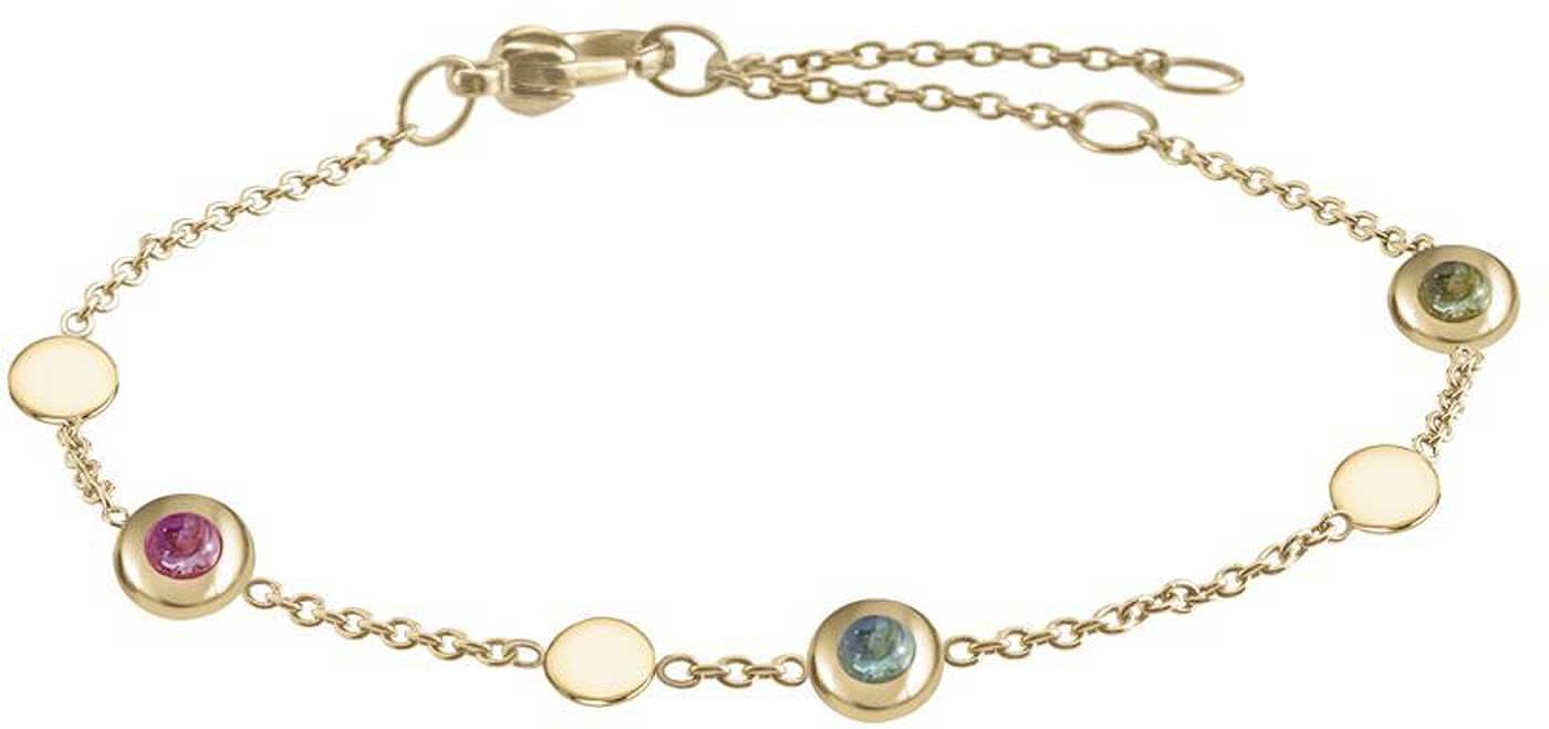 Pulsera dorada con cinco turmalinas de colores en engastes de bisel.