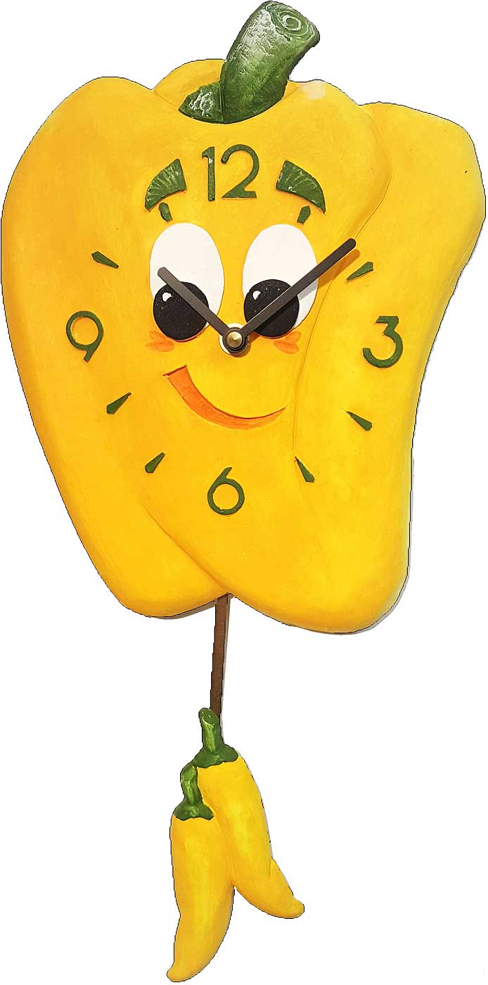 Reloj de pared de cerámica con frontal de pimiento amarillo y manecillas y números verdes del 1 al 12