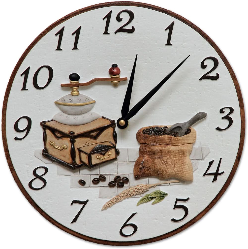 "Reloj de pared de cerámica con esfera redonda, números romanos, manecillas negras y decoración"