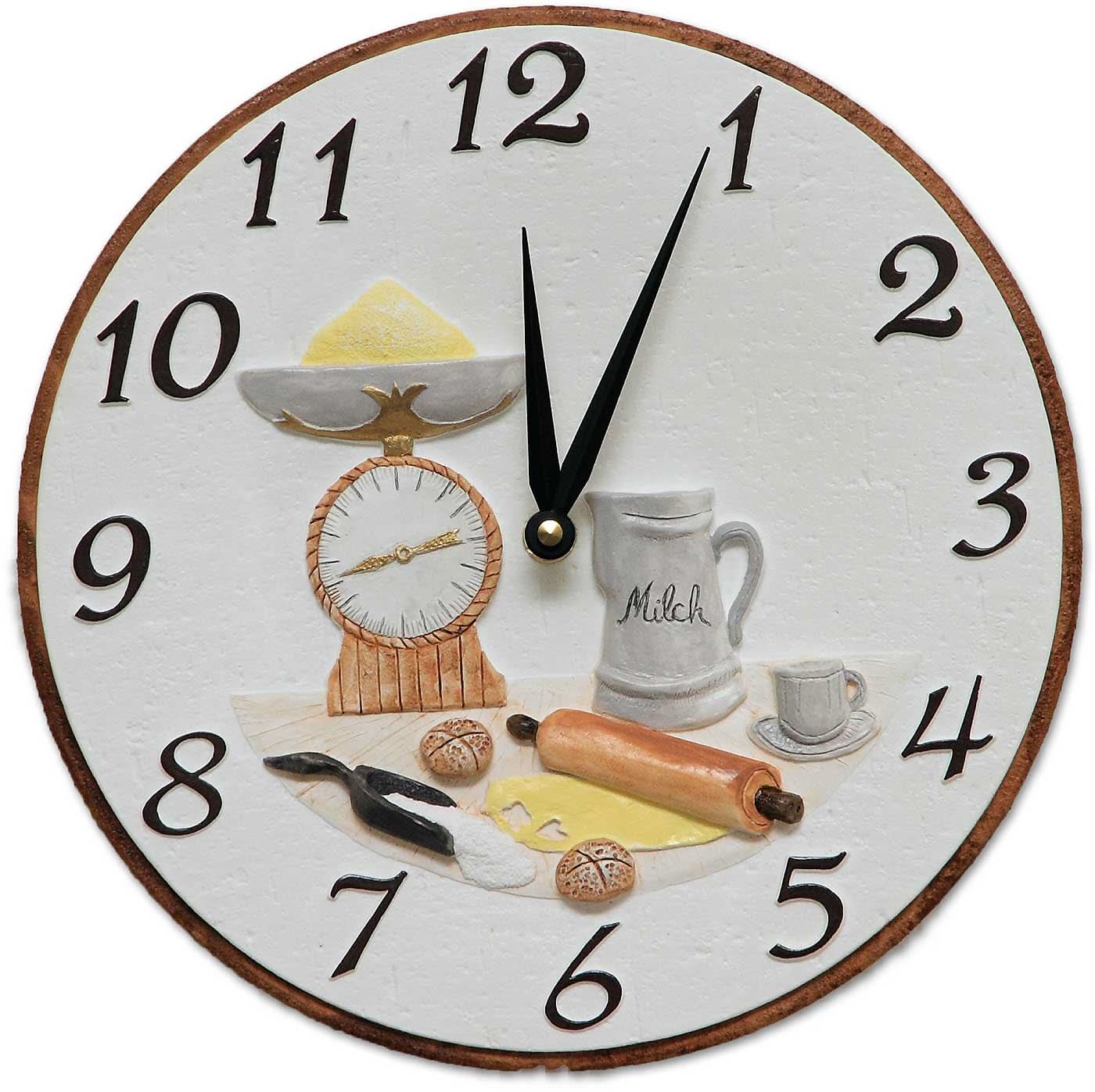 "Reloj de pared de cerámica, redondo 26 cm, esfera blanca con números negros y motivos de cocina"