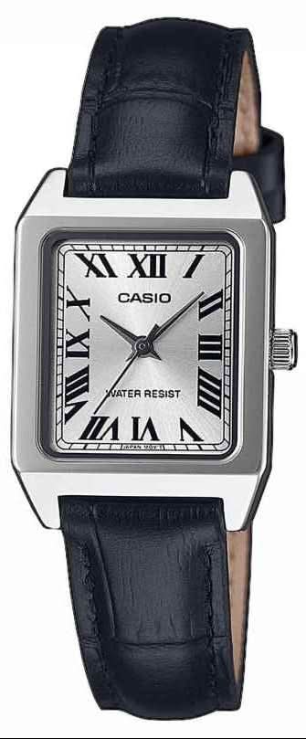 Casio Reloj de Mujer: caja rectangular de acero inoxidable, correa de piel azul oscuro, visualización analógica.