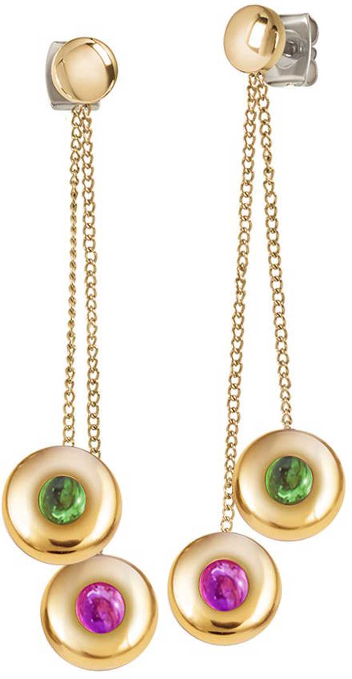 Pendientes largos con aros dorados y cabujones redondos (verde, morado)