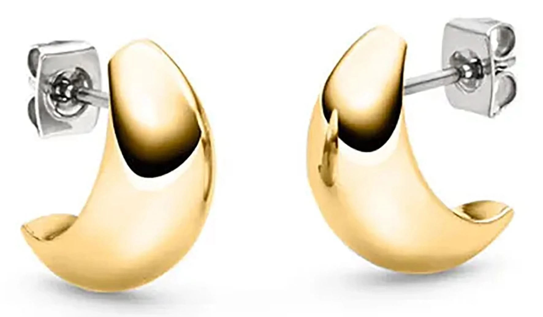 Pendientes de titanio en forma de luna, dorados, con media luna lisa y pasador plateado