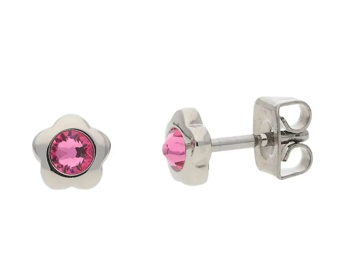 Pendientes de titanio en forma de flor con circonita rosa, engaste redondo