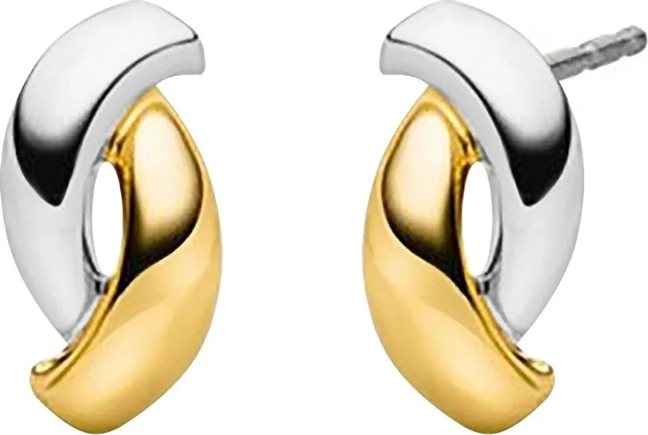 Pendientes de titanio bicolor, forma abstracta curvada: dorado y plateado