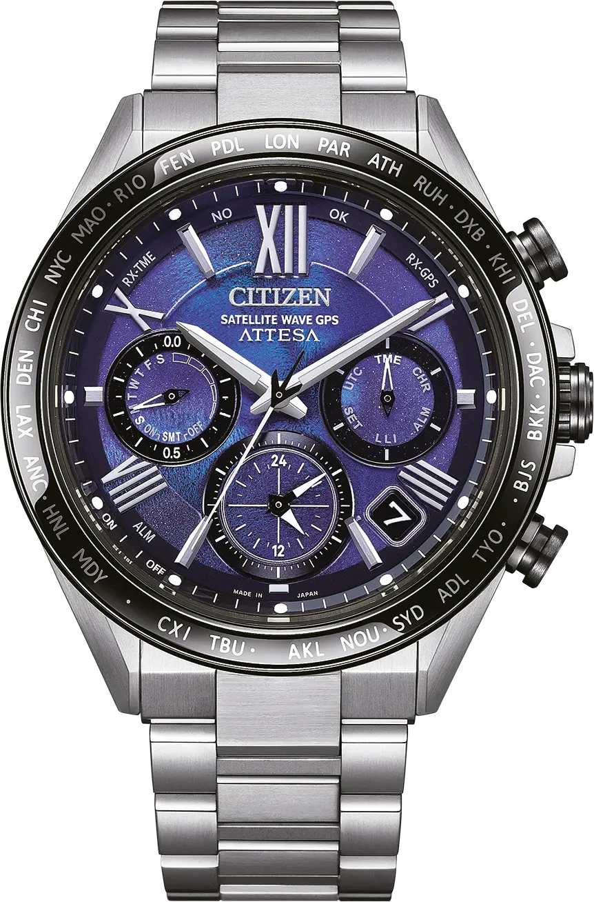 Pulsera de hombre con esfera azul, subesferas de cronógrafo y brazalete de acero inoxidable plateado