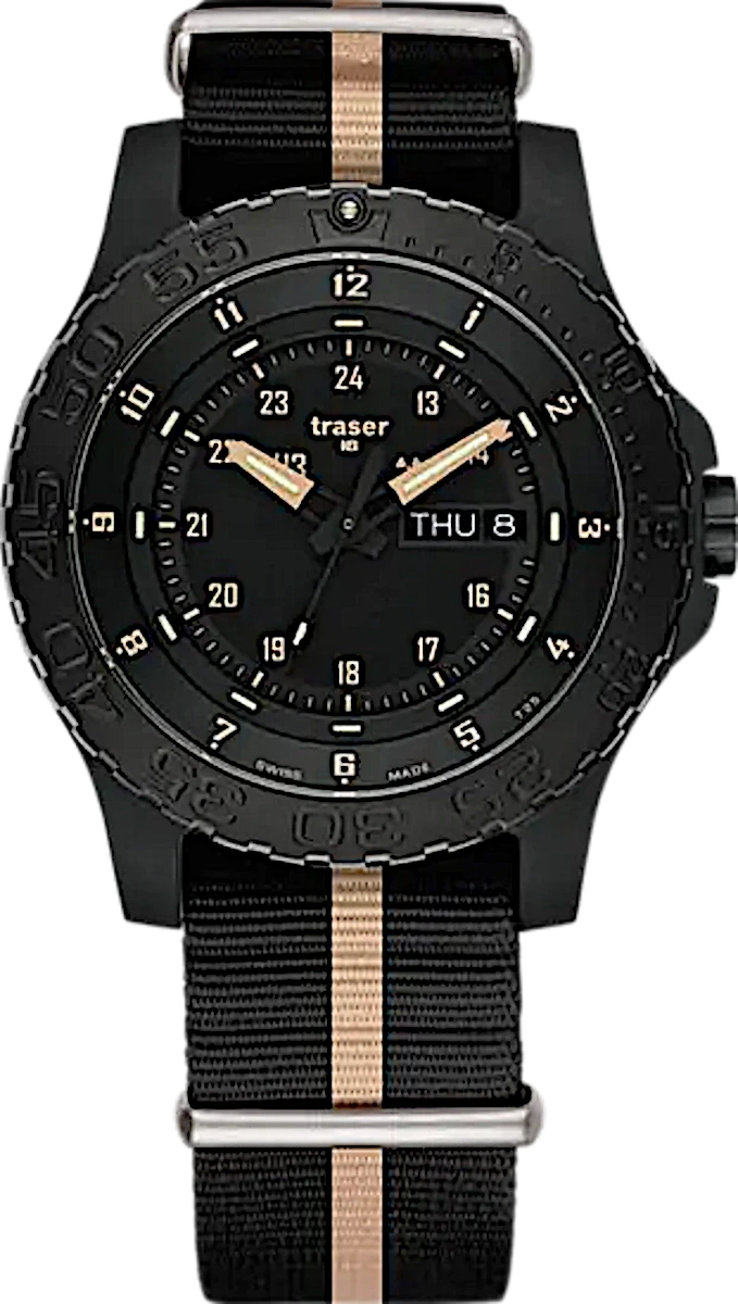 Pulsera de reloj para hombre Traser con esfera negra, manecillas naranjas y visualización de fecha