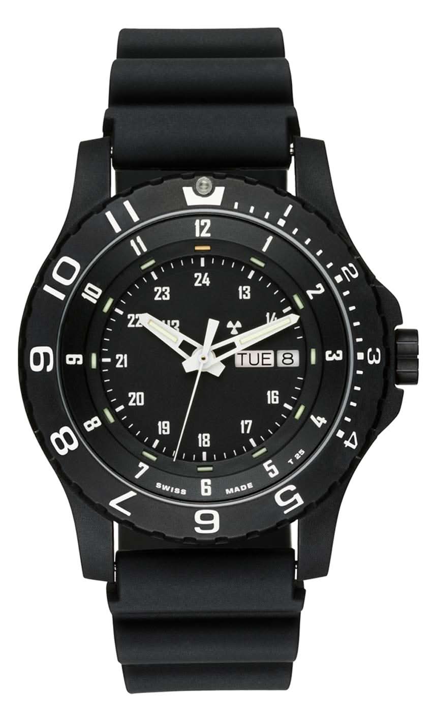 Pulsera de hombre con esfera negra, marcadores blancos y correa negra