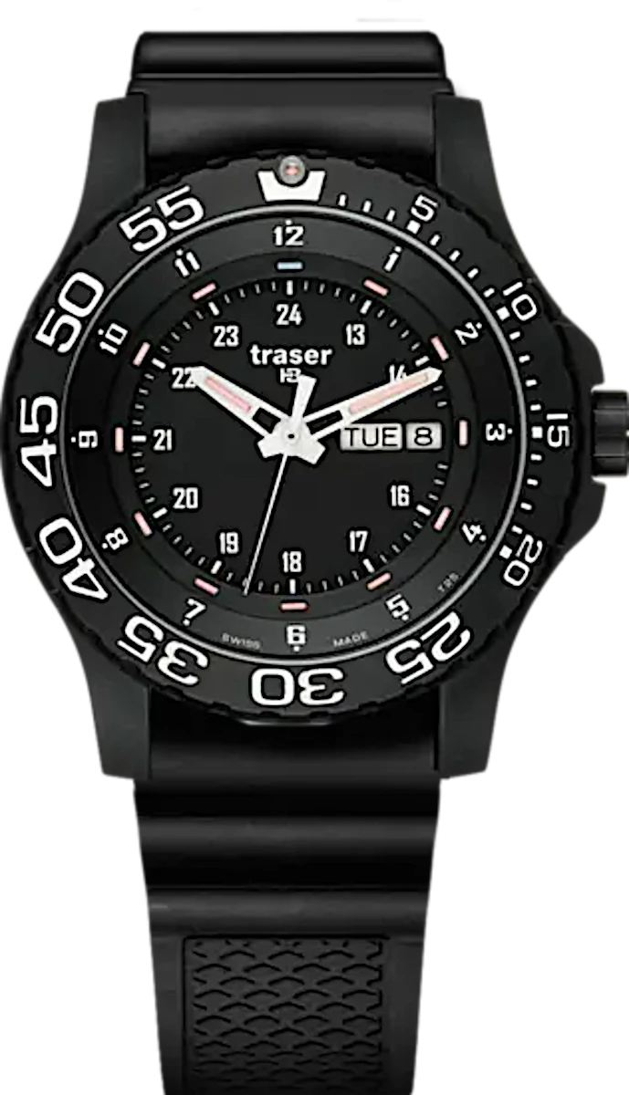 Traser P66 Elite para hombre con caja negra, correa de caucho negra y visualización de fecha