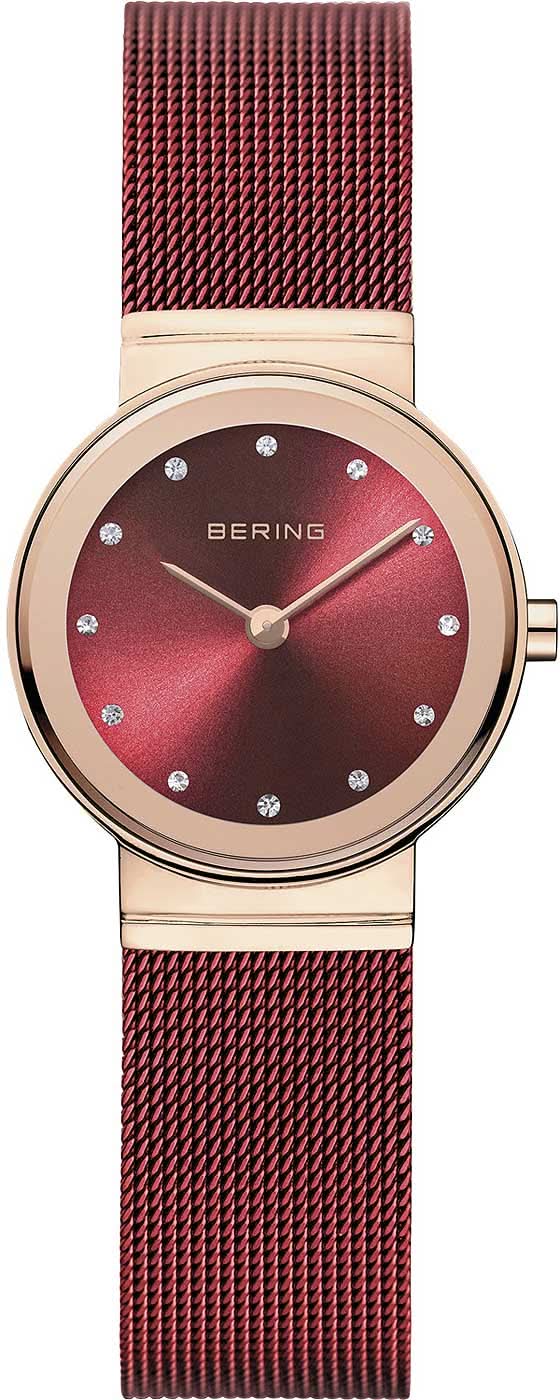 Reloj de mujer con correa milanesa roja, caja en tono oro rosa y esfera burdeos