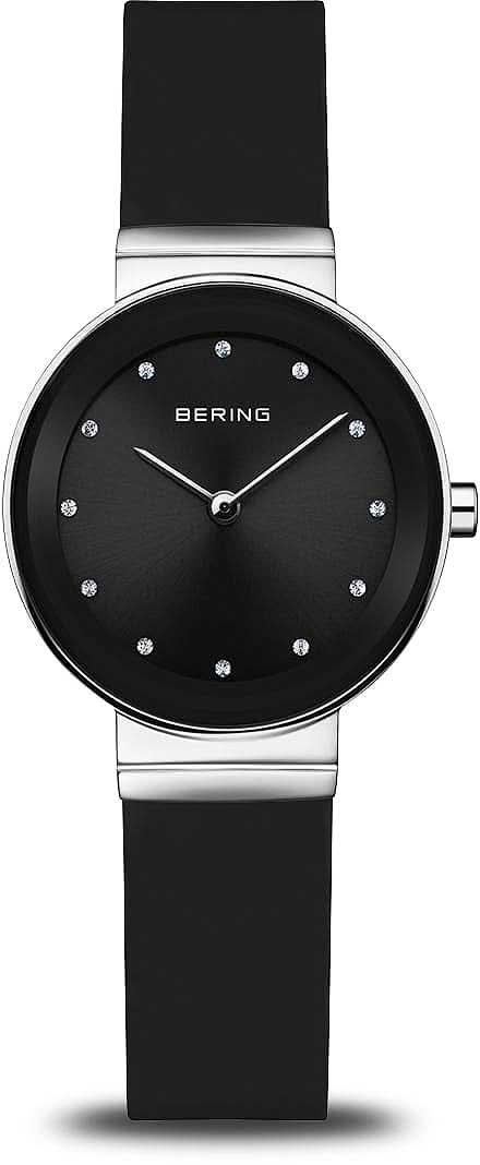 BERING Reloj de mujer con esfera negra, caja plateada y correa negra