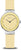 "Reloj de mujer con esfera amarilla y correa de silicona beige, bisel plateado"