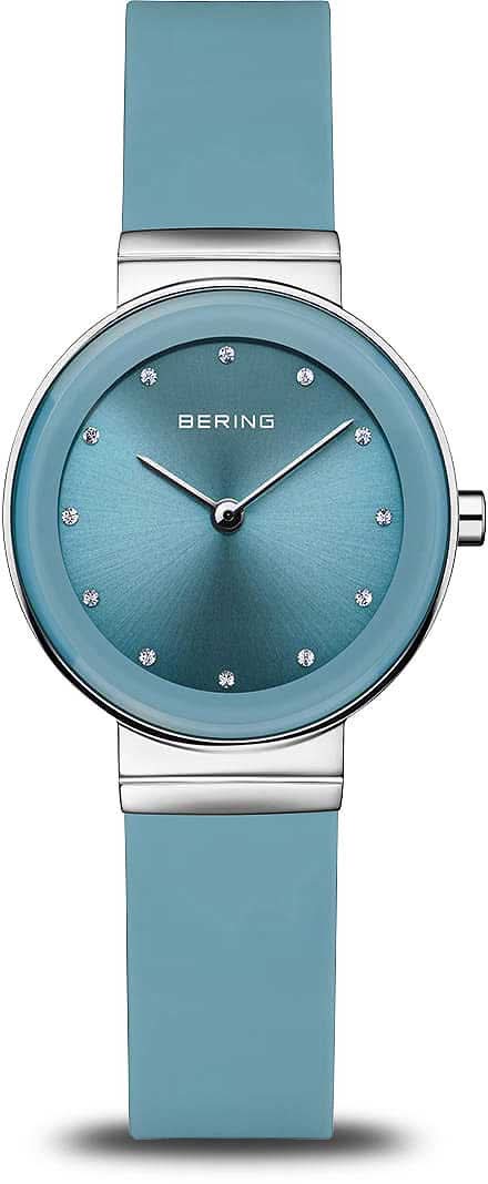 Reloj Bering para mujer: esfera azul, correa de silicona turquesa, cristal de zafiro