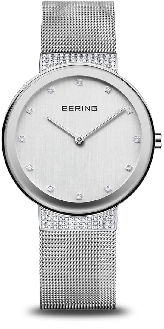 Reloj Bering para mujer: pulsera milanesa plateada, esfera plateada con índices de pedrería