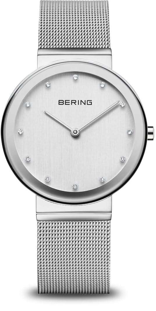 "Reloj de mujer con pulsera milanesa plateada y esfera redonda, logo de Bering"