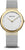 "Reloj de mujer con esfera plateada, bisel dorado y correa milanesa con logo BERING"