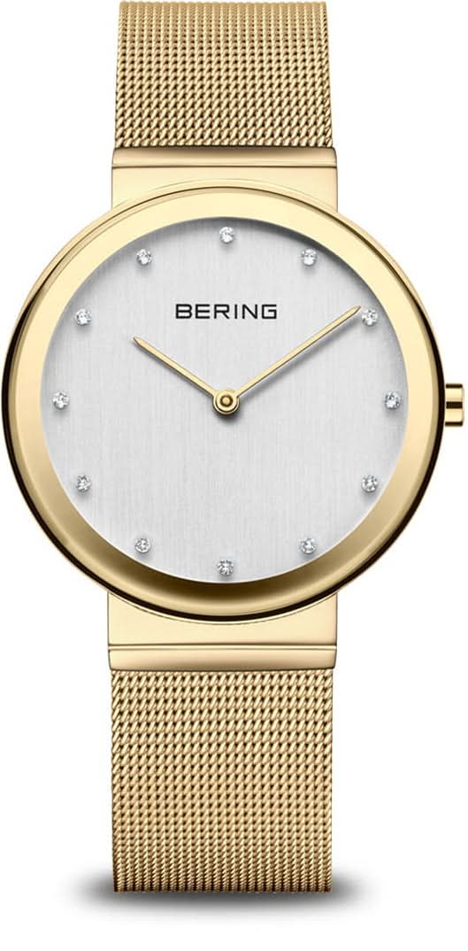 "Reloj Bering para mujer: correa milanesa dorada, esfera plateada con índices"