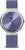 Reloj de mujer con correa milanesa morada, caja redonda plateada y esfera azul.