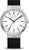 Reloj de mujer con correa de cuero negra, caja plateada y esfera blanca