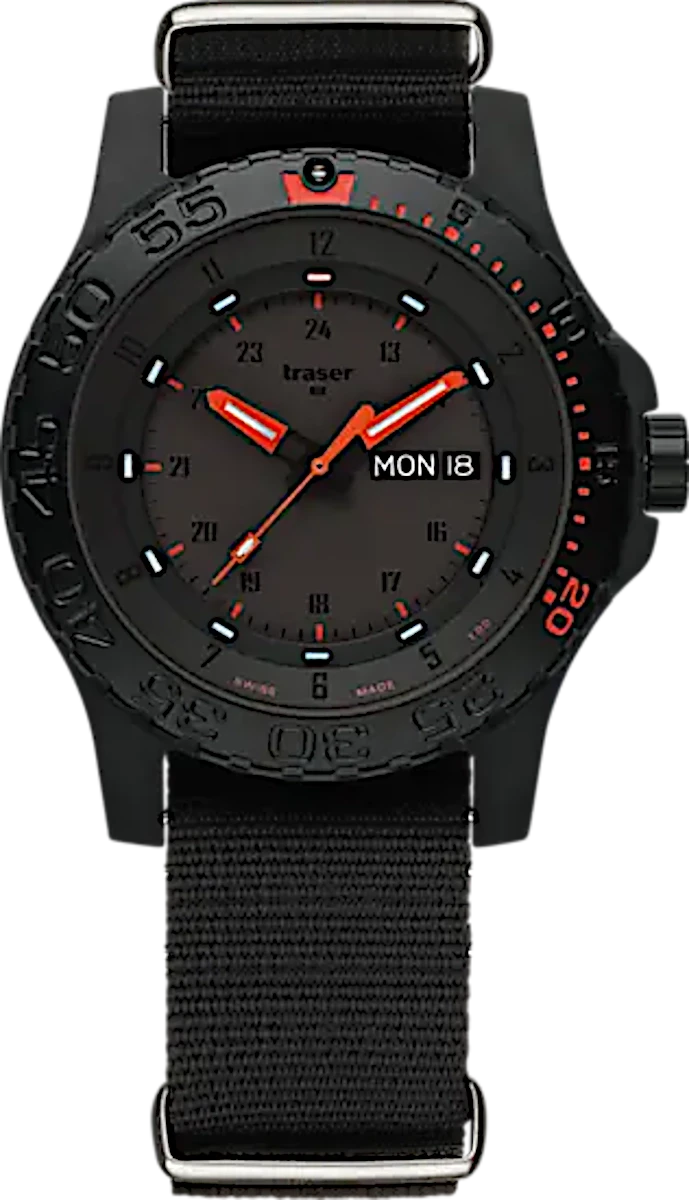 Pulsera de hombre con esfera negra, marcadores rojos y correa textil negra