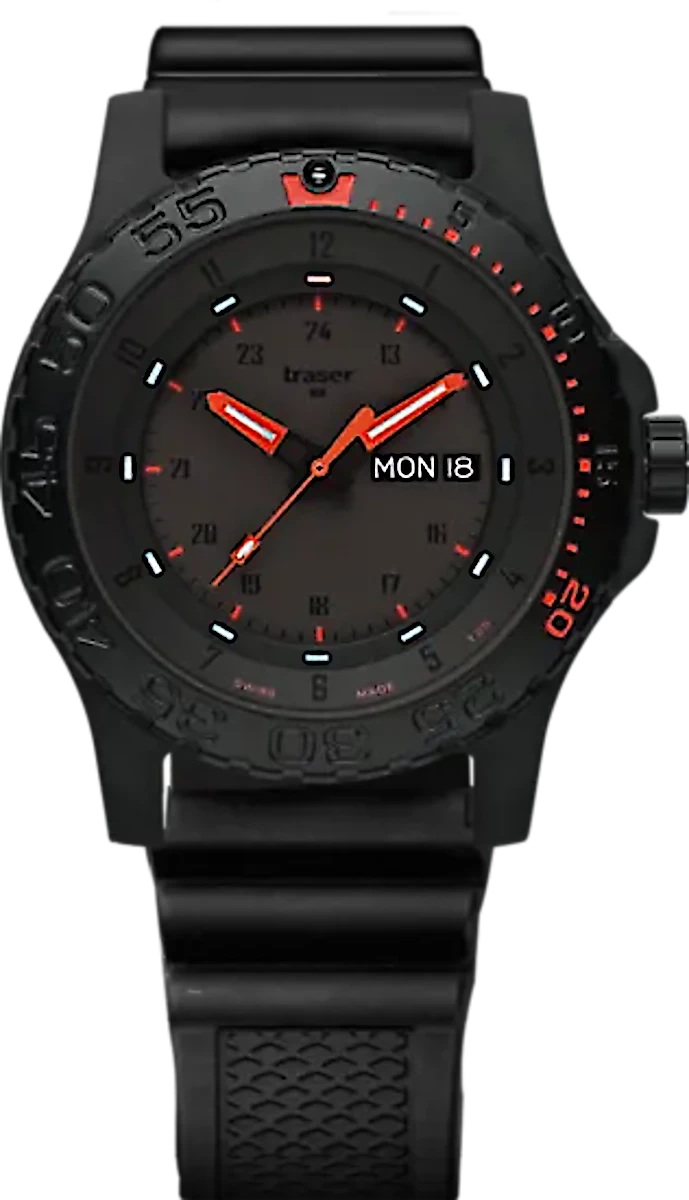 Reloj Traser P66 para hombre con caja negra, marcadores de esfera rojos y correa de caucho