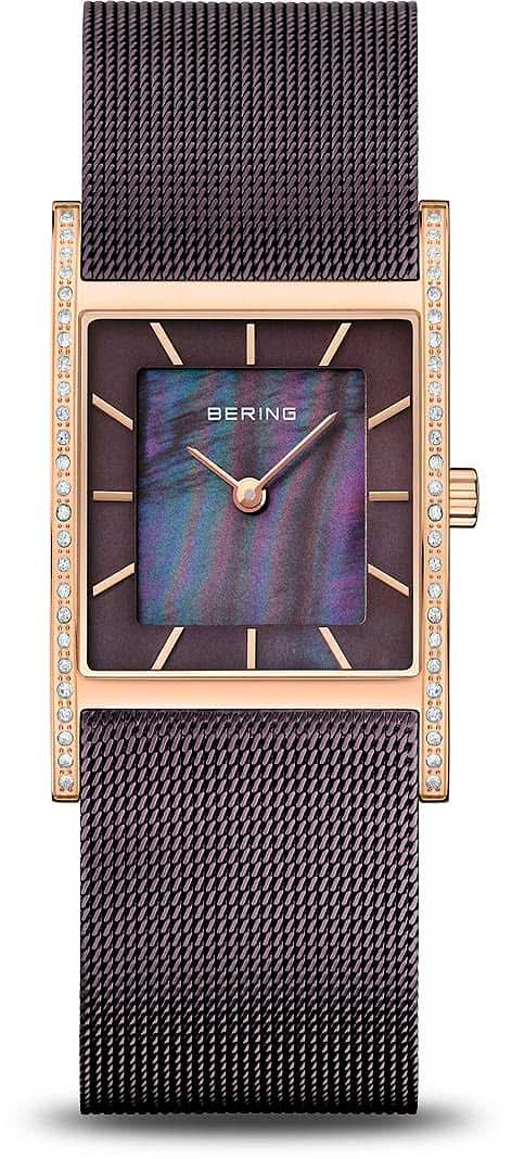 Bering Reloj de Mujer: correa de malla oscura, esfera violeta, bisel dorado