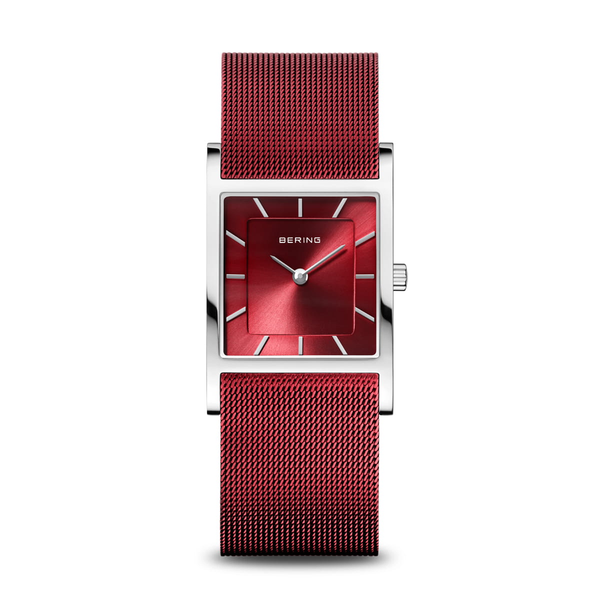Bering Damenuhr: rotes Metallarmband, rechteckiges Gehäuse, rotes Zifferblatt