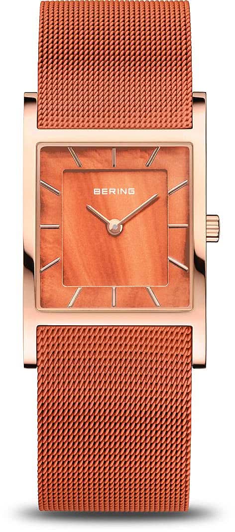 Reloj de mujer con caja rectangular, esfera naranja y brazalete Milanesa.