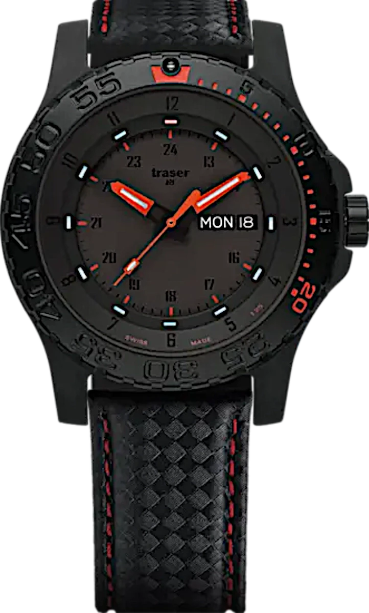 Reloj negro para hombre con correa de caucho negra, detalles rojos e índices luminosos