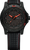 Reloj negro para hombre con correa de caucho negra, detalles rojos e índices luminosos