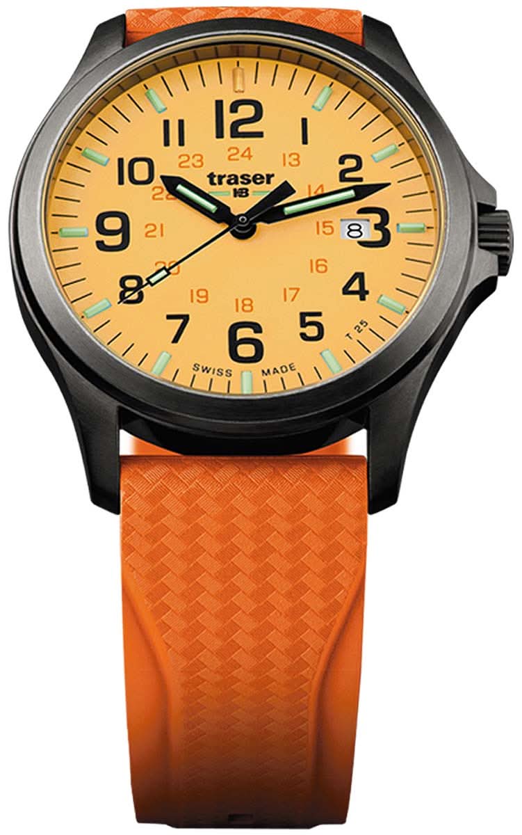 Reloj de hombre con correa de caucho naranja, caja negra y esfera amarilla