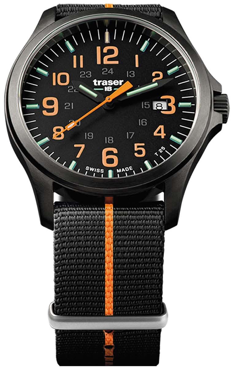 Reloj para hombre: esfera negra, manecillas naranjas, correa textil negra con costura central naranja