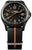 Reloj para hombre: esfera negra, manecillas naranjas, correa textil negra con costura central naranja