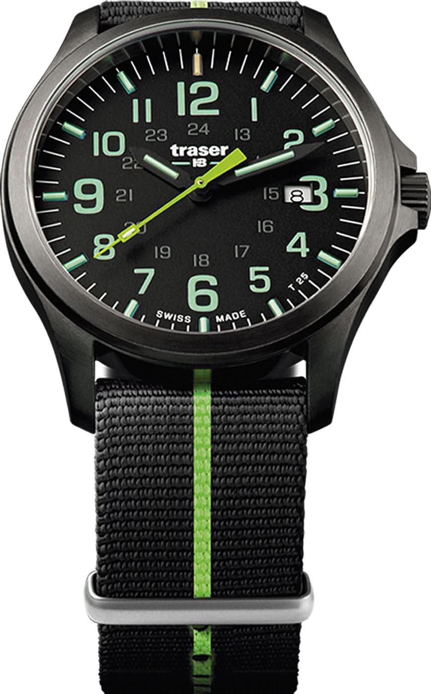 Reloj de hombre con esfera negra y correa textil negra, marcadores luminosos verdes