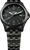 Pulsera de hombre con esfera negra, marcadores luminosos verdes y correa de metal.