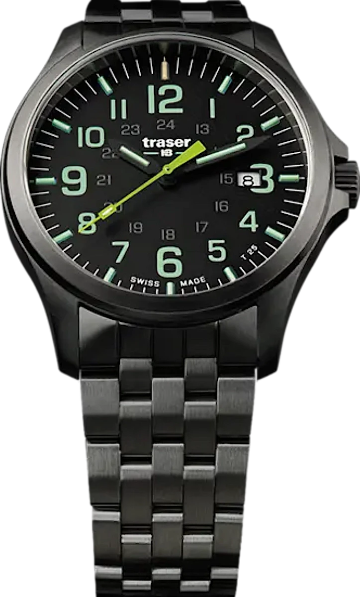 Pulsera de hombre con esfera negra y marcadores luminosos verdes, correa de acero inoxidable