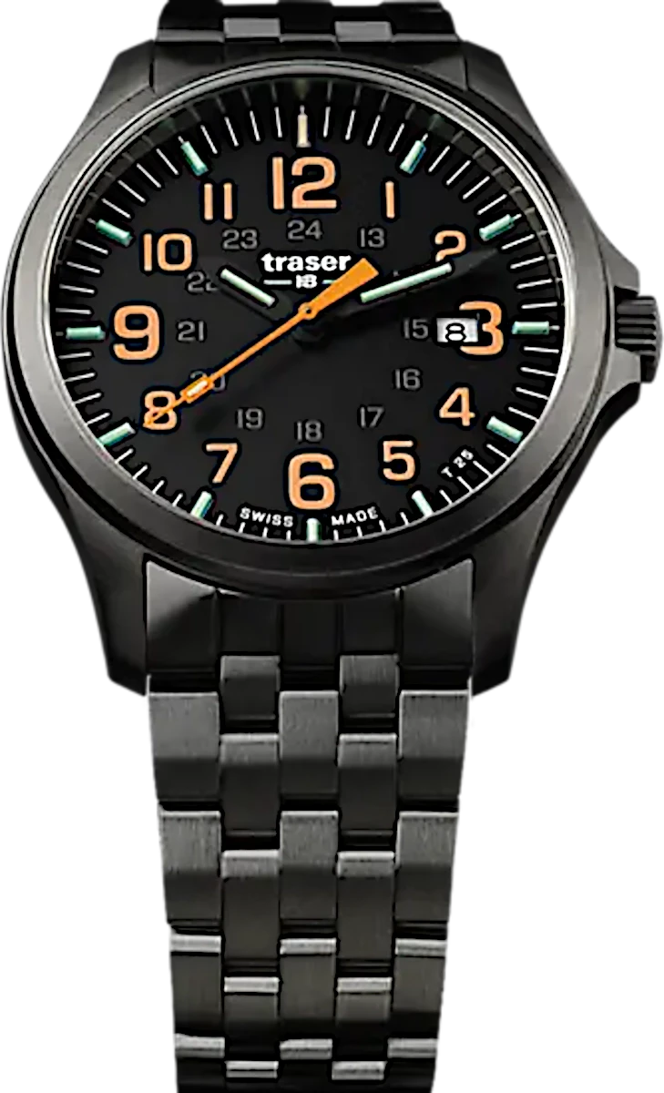 Reloj de pulsera redondo con correa de metal oscuro y números luminosos, aspecto Trigalight