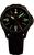 Pulsera de hombre con esfera negra y marcadores luminosos verdes, correa de cuero