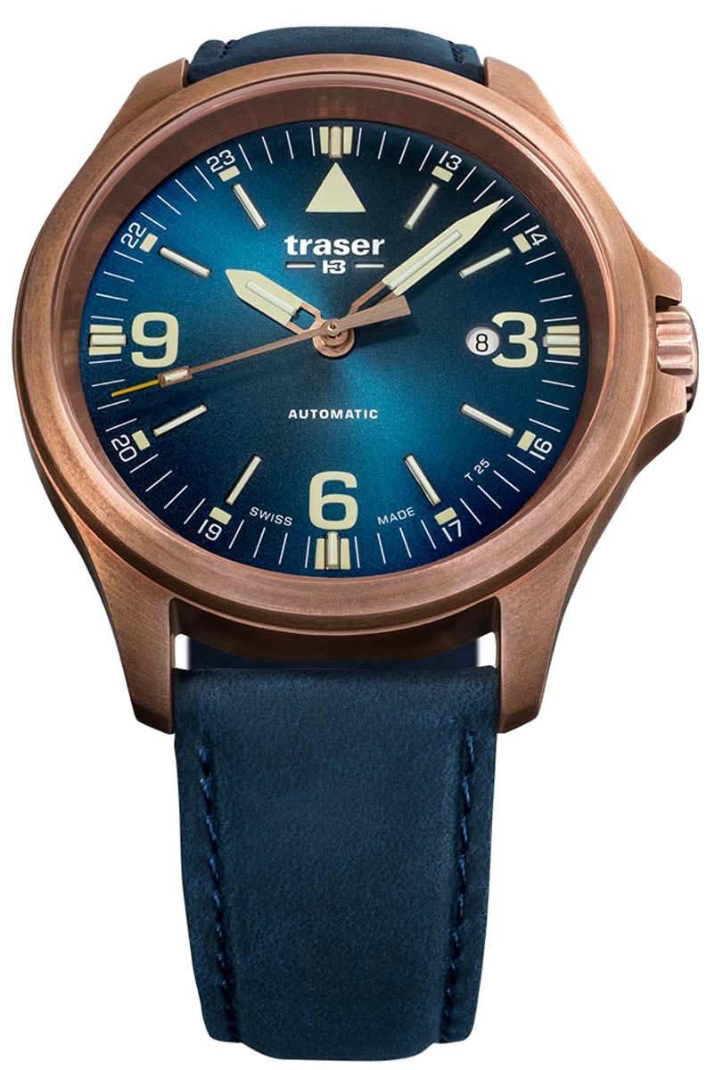Reloj de hombre en color bronce con esfera azul, correa de cuero y visualización automática