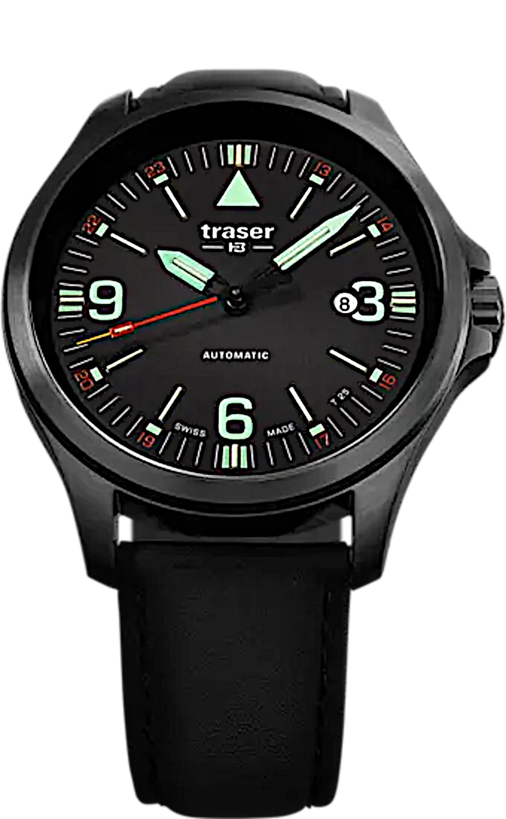 Reloj de hombre con esfera negra, índices luminosos y fecha "83"
