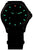 Pulsera vista frontal: esfera negra, marcadores luminosos verdes, correa de tela negra