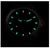 Reloj para hombre en modo oscuro: pantalla negra con marcadores verdes y acento rojo