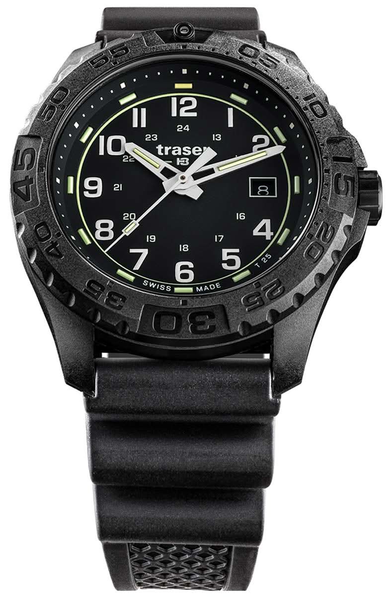 Reloj de hombre con caja negra, esfera Trigalight y correa de caucho