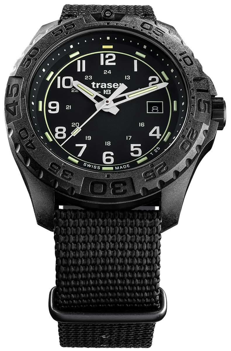 Reloj de hombre con esfera negra, índices luminosos y correa textil negra