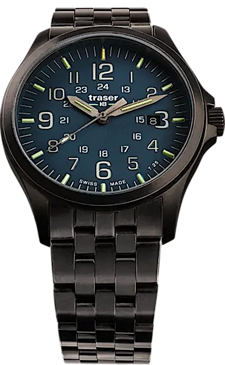 Pulsera de reloj para hombre Traser: esfera oscura, números luminosos, pulsera de metal, bisel redondo