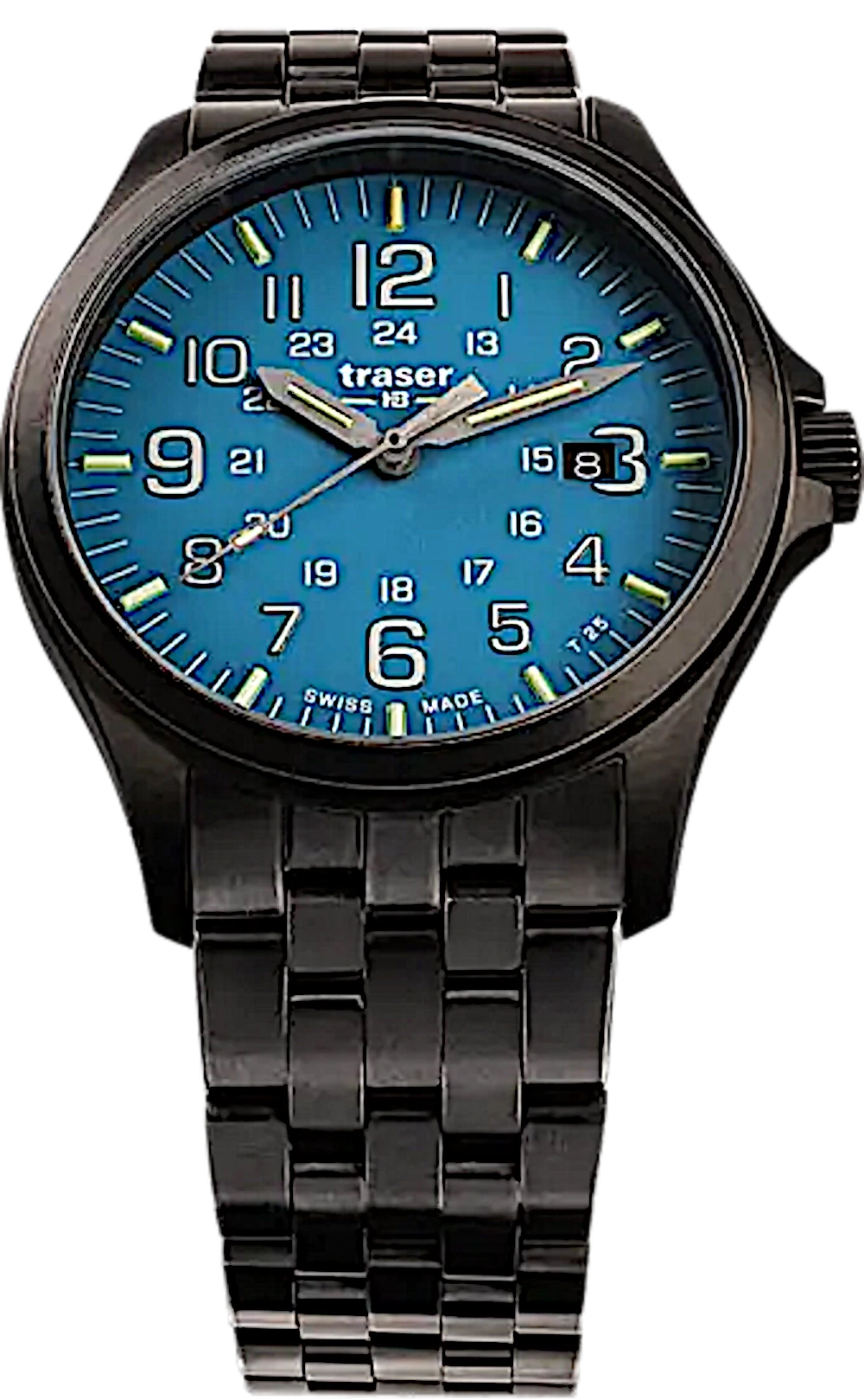 Reloj de hombre con esfera azul verdosa, manecillas luminosas y pulsera de metal