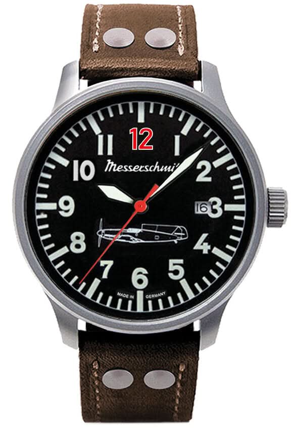 Reloj de hombre con esfera negra, manecillas rojas y correa de cuero marrón